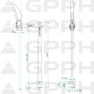 Fastening clamp with lever long GPPH, diameter 28 mm - technical drawing