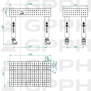 Stół Spawalniczy PRO INOX Rozmiar - 1000x600mm, Siatka - 50x50mm, System - Φ16, Nogi - Na kołach - rysunek techniczny