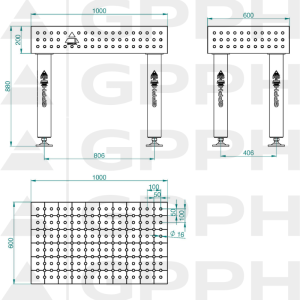 Stół Spawalniczy PRO INOX Rozmiar - 1000x600mm, Siatka - 50x50mm, System - Φ16, Nogi - Na stopach - rysunek techniczny