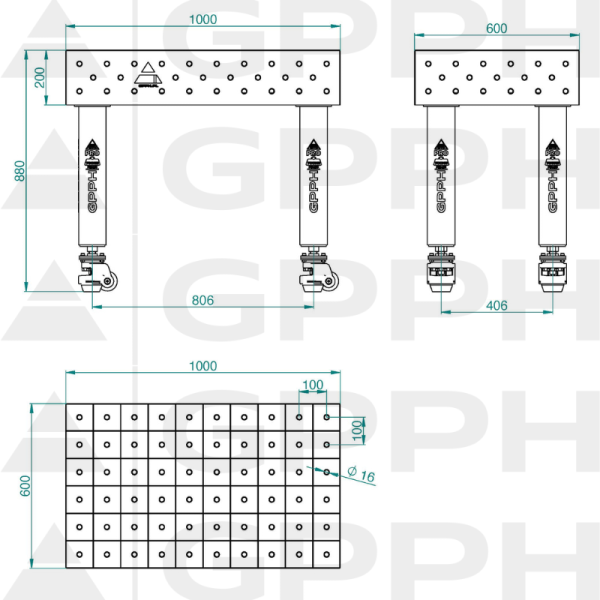 Stół Spawalniczy PRO INOX Rozmiar - 1000x600mm, Siatka - 100x100mm, System - Φ16, Nogi - Na kołach - rysunek techniczny