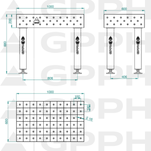 Stół Spawalniczy PRO INOX Rozmiar - 1000x600mm, Siatka - 100x100mm, System - Φ16, Nogi - Na stopach - rysunek techniczny