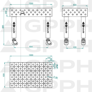 Stół Spawalniczy PRO INOX Rozmiar - 1000x600mm, Siatka - DIAGONALNA, System - Φ28, Nogi - Na kołach - rysunek techniczny