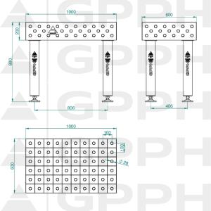Stół Spawalniczy PRO INOX Rozmiar - 1000x600mm, Siatka - 100x100mm, System - Φ28, Nogi - Na stopach - rysunek techniczny