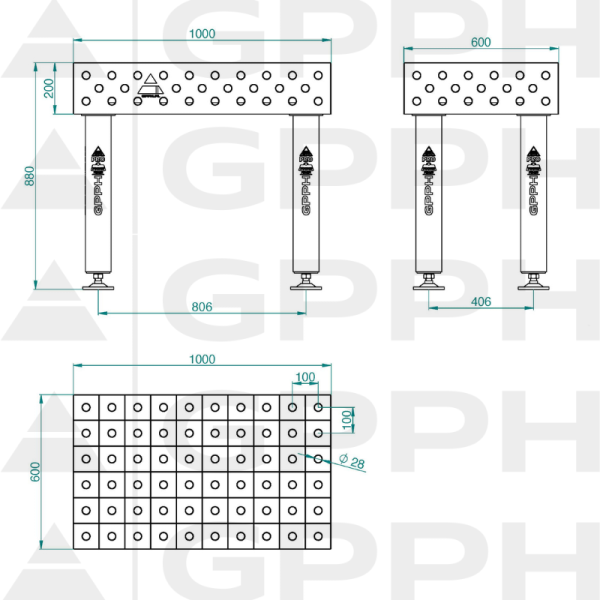 Stół Spawalniczy PRO INOX Rozmiar - 1000x600mm, Siatka - 100x100mm, System - Φ28, Nogi - Na stopach - rysunek techniczny