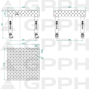 Stół Spawalniczy PRO INOX Rozmiar - 1000x1000mm, Siatka - 100x100mm, System - Φ28, Nogi - Na kołach - rysunek techniczny
