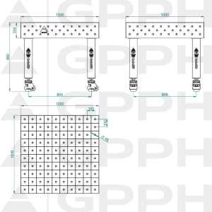 Stół Spawalniczy PRO INOX Rozmiar - 1000x1000mm, Siatka - 100x100mm, System - Φ16, Nogi - Na kołach - rysunek techniczny