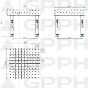 Stół Spawalniczy PRO INOX Rozmiar - 1000x1000mm, Siatka - DIAGONALNA, System - Φ16, Nogi - Na stopach - rysunek techniczny