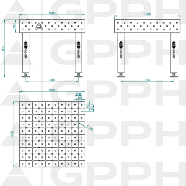 Stół Spawalniczy PRO INOX Rozmiar - 1000x1000mm, Siatka - DIAGONALNA, System - Φ16, Nogi - Na stopach - rysunek techniczny