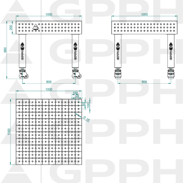 Stół Spawalniczy PRO INOX Rozmiar - 1000x1000mm, Siatka - 50x50mm, System - Φ16, Nogi - Na kołach - rysunek techniczny