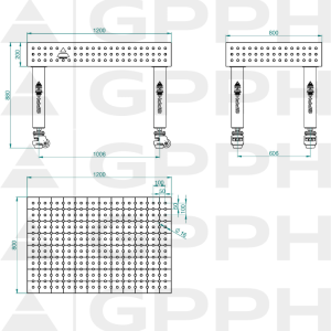 Stół Spawalniczy PRO INOX Rozmiar - 1200x800mm, Siatka - 50x50mm, System - Φ16, Nogi - Na kołach - rysunek techniczny