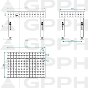 Stół Spawalniczy PRO INOX Rozmiar - 1200x800mm, Siatka - 50x50mm, System - Φ16, Nogi - Na stopach - rysunek techniczny
