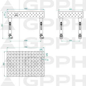 Stół Spawalniczy PRO INOX Rozmiar - 1200x800mm, Siatka - 100x100mm, System - Φ16, Nogi - Na kołach - rysunek techniczny