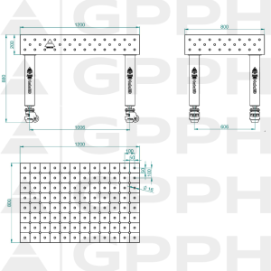 Stół Spawalniczy PRO INOX Rozmiar - 1200x800mm, Siatka - DIAGONALNA, System - Φ16, Nogi - Na kołach - rysunek techniczny