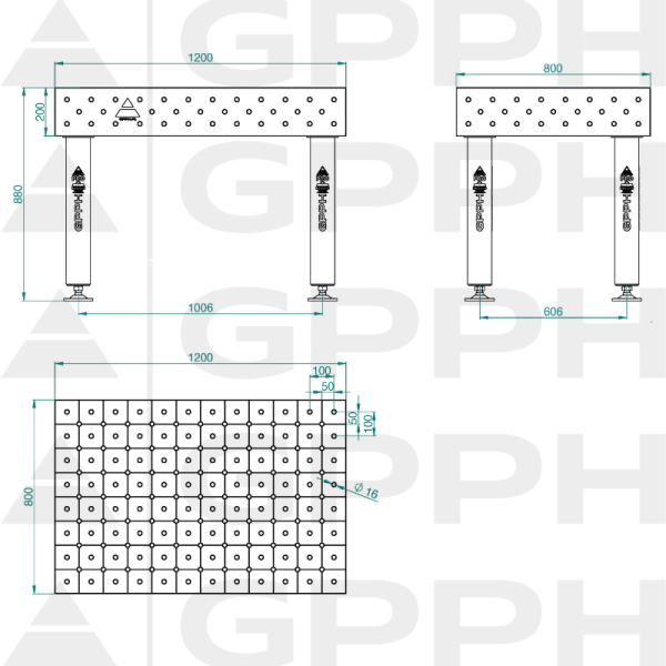 Stół Spawalniczy PRO INOX Rozmiar - 1200x800mm, Siatka - DIAGONALNA, System - Φ16, Nogi - Na stopach - rysunek techniczny