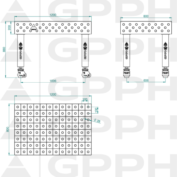 Stół Spawalniczy PRO INOX Rozmiar - 1200x800mm, Siatka - 100x100mm, System - Φ28, Nogi - Na kołach - rysunek techniczny