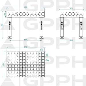 Stół Spawalniczy PRO INOX Rozmiar - 1200x800mm, Siatka - 100x100mm, System - Φ28, Nogi - Na stopach - rysunek techniczny