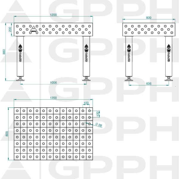 Stół Spawalniczy PRO INOX Rozmiar - 1200x800mm, Siatka - 100x100mm, System - Φ28, Nogi - Na stopach - rysunek techniczny