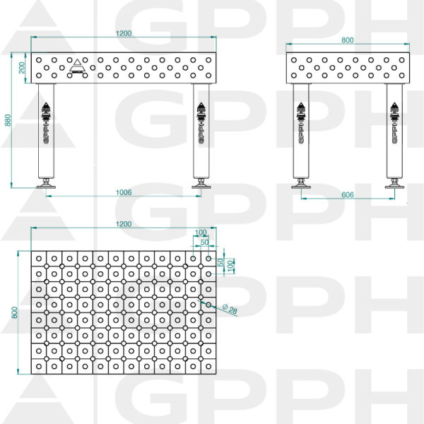 Stół Spawalniczy PRO INOX Rozmiar - 1200x800mm, Siatka - DIAGONALNA, System - Φ28, Nogi - Na stopach - rysunek techniczny