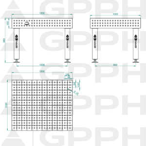 Stół Spawalniczy PRO INOX Rozmiar - 1200x1000mm, Siatka - 50x50mm, System - Φ16, Nogi - Na stopach - rysunek techniczny