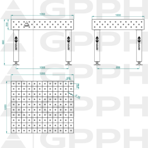 Stół Spawalniczy PRO INOX Rozmiar - 1200x1000mm, Siatka - 100x100mm, System - Φ16, Nogi - Na stopach - rysunek techniczny