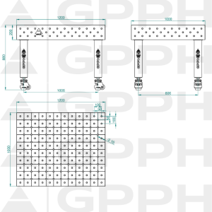 Stół Spawalniczy PRO INOX Rozmiar - 1200x1000mm, Siatka - DIAGONALNA, System - Φ16, Nogi - Na kołach - rysunek techniczny