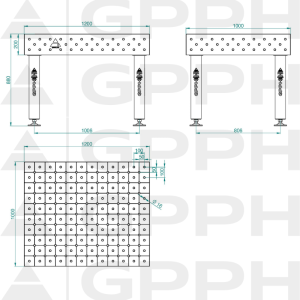 Stół Spawalniczy PRO INOX Rozmiar - 1200x1000mm, Siatka - DIAGONALNA, System - Φ16, Nogi - Na stopach - rysunek techniczny