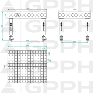 Stół Spawalniczy PRO INOX Rozmiar - 1200x1000mm, Siatka - 100x100mm, System - Φ28, Nogi - Na kołach - rysunek techniczny