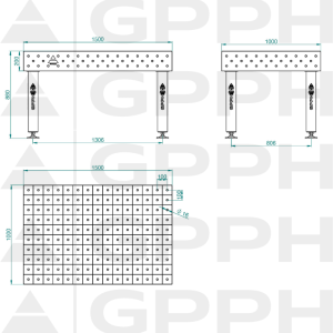 Stół Spawalniczy PRO INOX Rozmiar - 1500x1000mm, Siatka - 100x100mm, System - Φ16, Nogi - Na stopach - rysunek techniczny