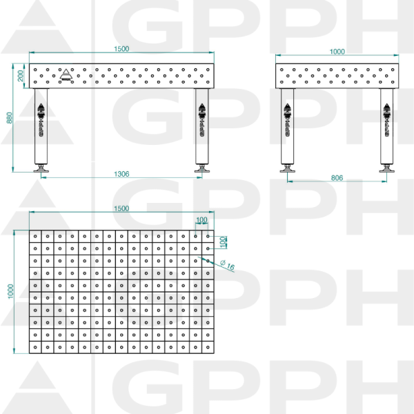 Stół Spawalniczy PRO INOX Rozmiar - 1500x1000mm, Siatka - 100x100mm, System - Φ16, Nogi - Na stopach - rysunek techniczny