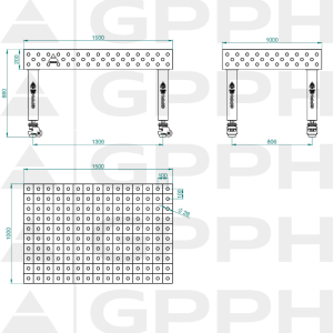 Stół Spawalniczy PRO INOX Rozmiar - 1500x1000mm, Siatka - 100x100mm, System - Φ28, Nogi - Na kołach - rysunek techniczny