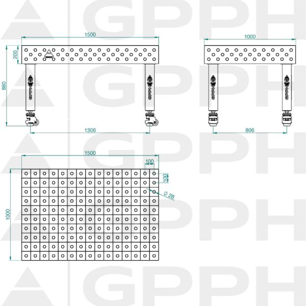 Stół Spawalniczy PRO INOX Rozmiar - 1500x1000mm, Siatka - 100x100mm, System - Φ28, Nogi - Na kołach - rysunek techniczny
