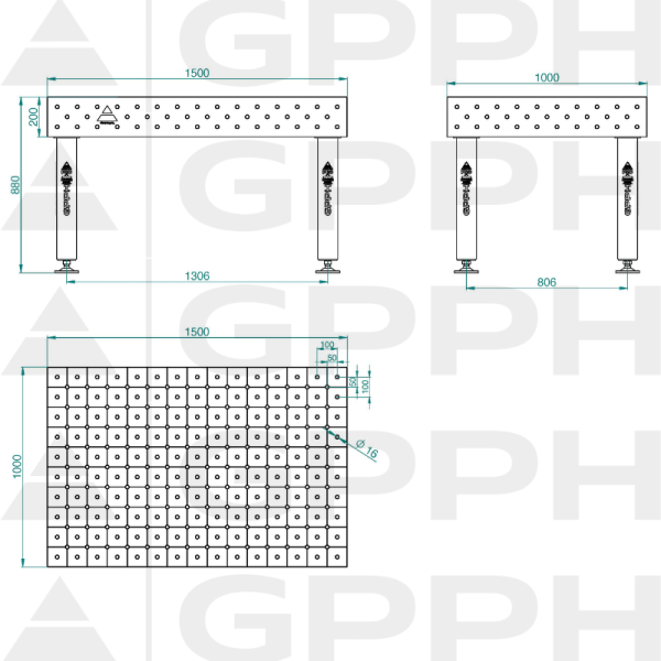 Stół Spawalniczy PRO INOX Rozmiar - 1500x1000mm, Siatka - DIAGONALNA, System - Φ16, Nogi - Na stopach - rysunek techniczny