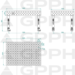 Stół Spawalniczy PRO INOX Rozmiar - 1500x1000mm, Siatka - DIAGONALNA, System - Φ28, Nogi - Na kołach - rysunek techniczny