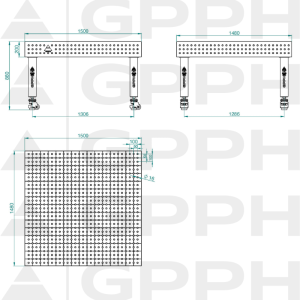 PRO INOX Welding Table Size - 1500x1480mm, Grid - 50x50mm, System - Φ16, Legs - On wheels - technical drawing
