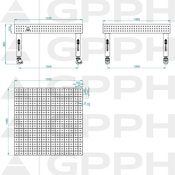 PRO INOX Welding Table Size - 1500x1480mm, Grid - 50x50mm, System - Φ16, Legs - On wheels - technical drawing