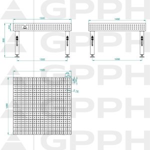 PRO INOX Welding Table Size - 1500x1480mm, Grid - 50x50mm, System - Φ16, Legs - On feet - technical drawing