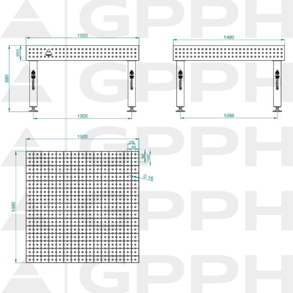 PRO INOX Welding Table Size - 1500x1480mm, Grid - 50x50mm, System - Φ16, Legs - On feet - technical drawing