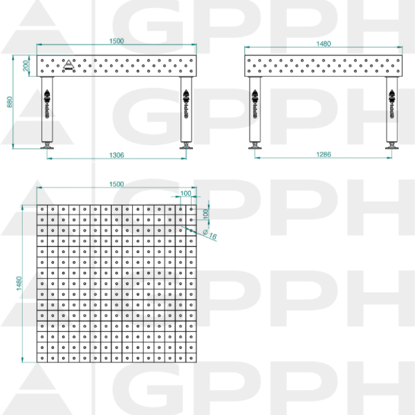 PRO INOX Welding Table Size - 1500x1480mm, Grid - 100x100mm, System - Φ16, Legs - On feet - technical drawing