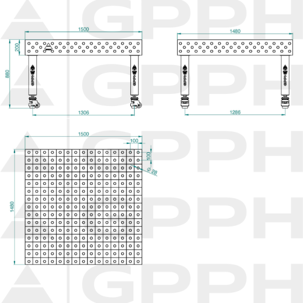 PRO INOX Welding Table Size - 1500x1480mm, Grid - 100x100mm, System - Φ28, Legs - On wheels - technical drawing