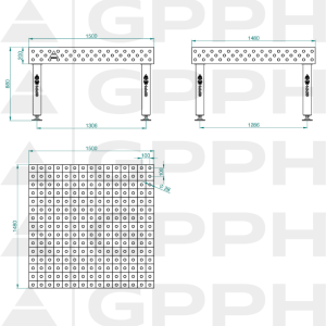 PRO INOX Welding Table Size - 1500x1480mm, Grid - 100x100mm, System - Φ28, Legs - On feet - technical drawing