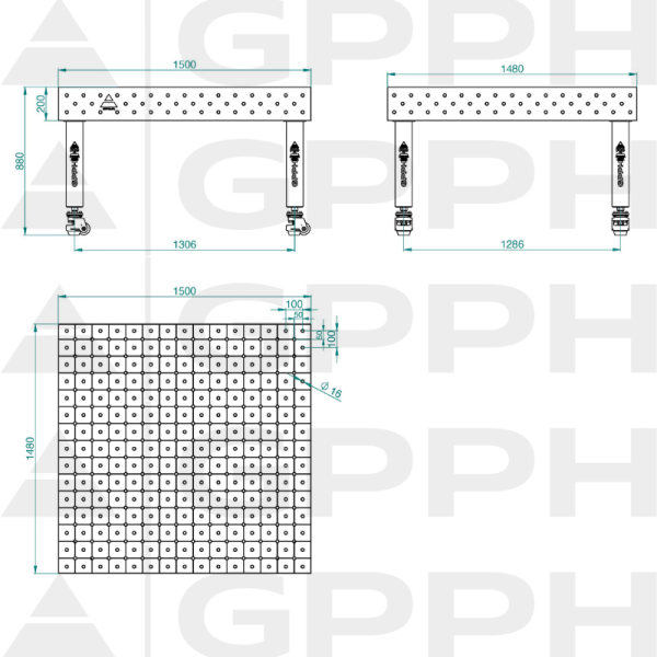 PRO INOX Welding Table Size - 1500x1480mm, Grid - DIAGONAL, System - Φ16, Legs - On wheels - technical drawing