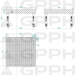 PRO INOX Welding Table Size - 1500x1480mm, Grid - DIAGONAL, System - Φ28, Legs - On wheels - technical drawing