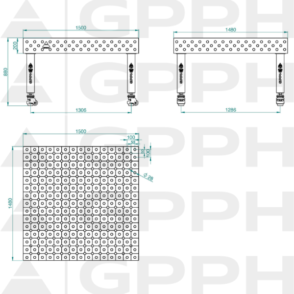 PRO INOX Welding Table Size - 1500x1480mm, Grid - DIAGONAL, System - Φ28, Legs - On wheels - technical drawing