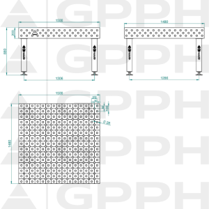 PRO INOX Welding Table Size - 1500x1480mm, Grid - DIAGONAL, System - Φ28, Legs - On feet - technical drawing
