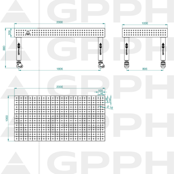 Stół Spawalniczy PRO INOX Rozmiar - 2000x1000mm, Siatka - 50x50mm, System - Φ16, Nogi - Na kołach - rysunek techniczny