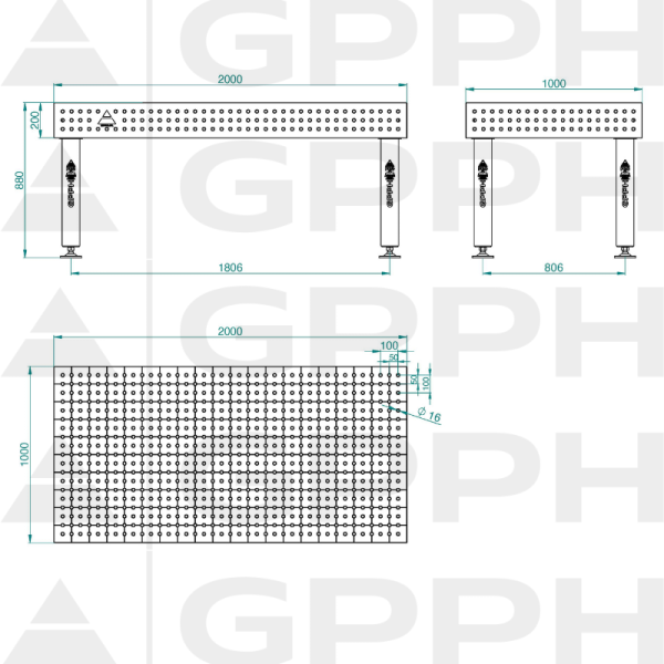 Stół Spawalniczy PRO INOX Rozmiar - 2000x1000mm, Siatka - 50x50mm, System - Φ16, Nogi - Na stopach - rysunek techniczny