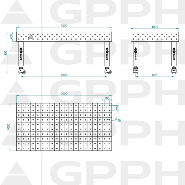 Stół Spawalniczy PRO INOX Rozmiar - 2000x1000mm, Siatka - 100x100mm, System - Φ16, Nogi - Na kołach - rysunek techniczny