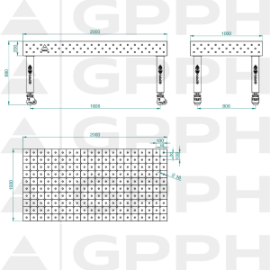 Stół Spawalniczy PRO INOX Rozmiar - 2000x1000mm, Siatka - DIAGONALNA, System - Φ16, Nogi - Na kołach - rysunek techniczny