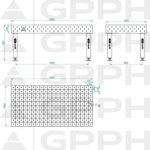 Stół Spawalniczy PRO INOX Rozmiar - 2000x1000mm, Siatka - DIAGONALNA, System - Φ16, Nogi - Na stopach - rysunek techniczny