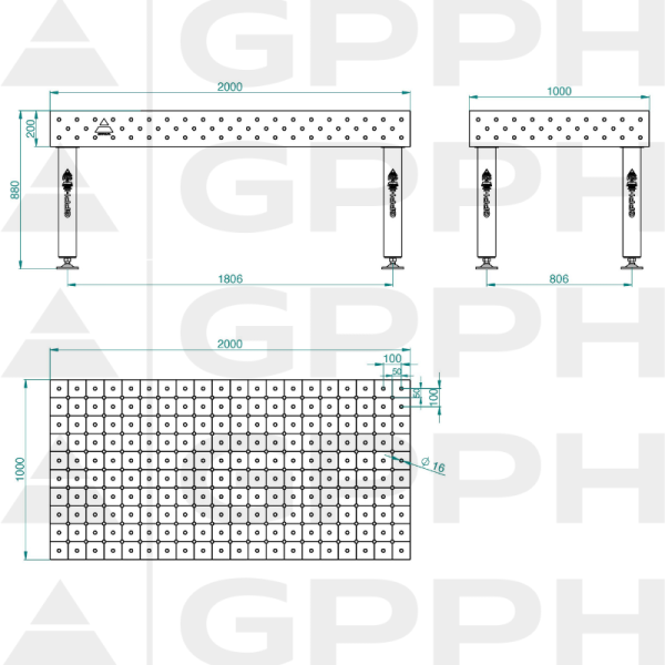 Stół Spawalniczy PRO INOX Rozmiar - 2000x1000mm, Siatka - DIAGONALNA, System - Φ16, Nogi - Na stopach - rysunek techniczny